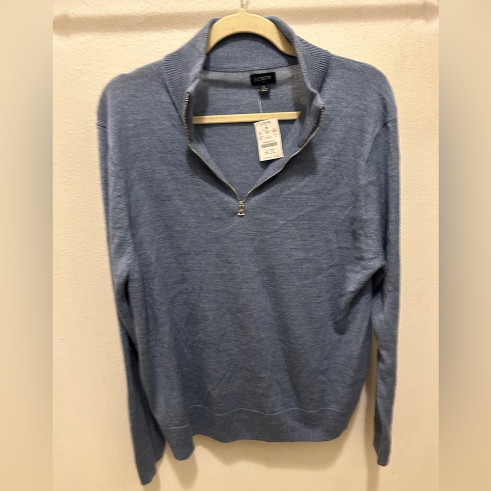 NWT J. CREW Pullover Sweater Quarter Zip Blue Merino Wool